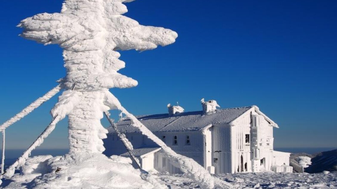 Eine verschneite Landschaft mit einem vereisten Baum und einem Gebäude im Hintergrund. Der klare blaue Himmel hebt die winterliche Szene hervor. | © Alpenverein