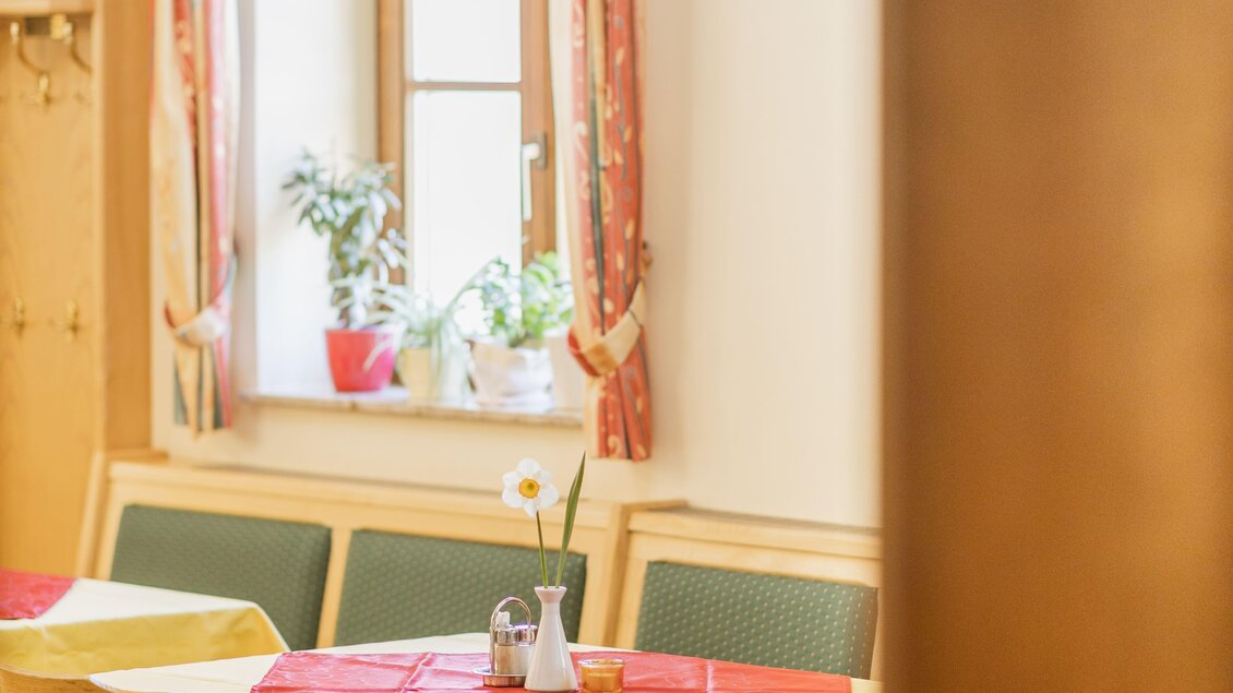 Ein gemütlicher Raum mit einem Tisch, der mit einer gelben Tischdecke und roten Akzenten gedeckt ist. Im Hintergrund sind Fenster mit Vorhängen und Pflanzen.