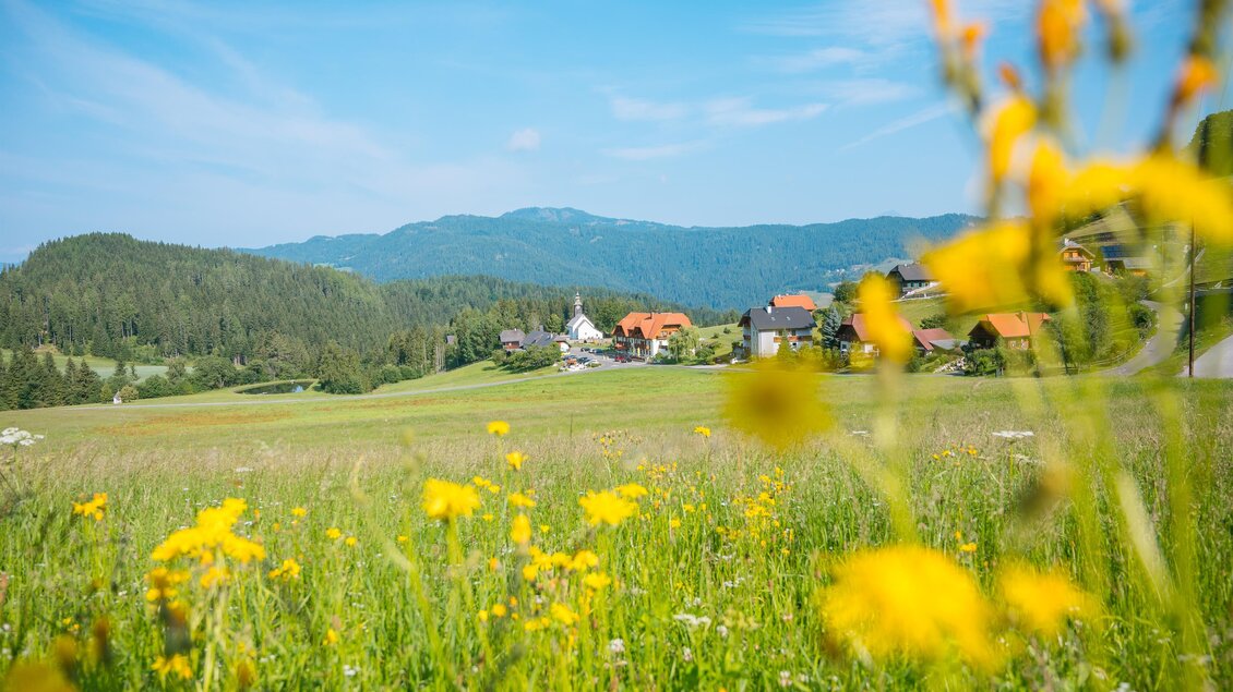 Eine blühende Wiese mit gelben Blumen und einer malerischen Landschaft im Hintergrund. Kleine Häuser sind in der Ferne sichtbar, umgeben von sanften Hügeln und blauem Himmel.