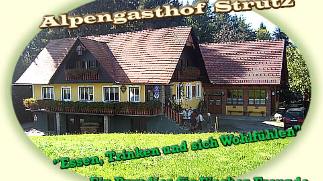 Ein traditionelles Gasthaus in einer idyllischen alpinen Umgebung. Der Slogan betont die Gastfreundschaft und die Freizeitmöglichkeiten für Angler. | © Alpengasthof Strutz