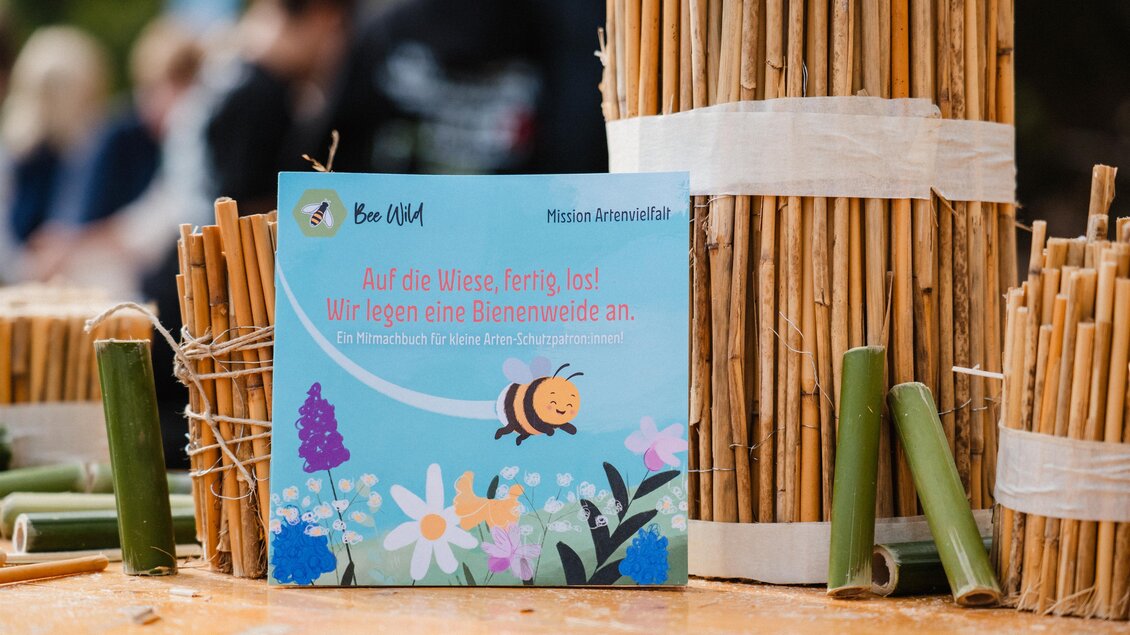 Ein Buch mit dem Titel „Auf die Wiese, fertig, los!“ liegt auf einem Tisch. Um das Buch herum sind kleine Bambusstücke und bunte Blumenillustrationen zu sehen. | © Motions Ads