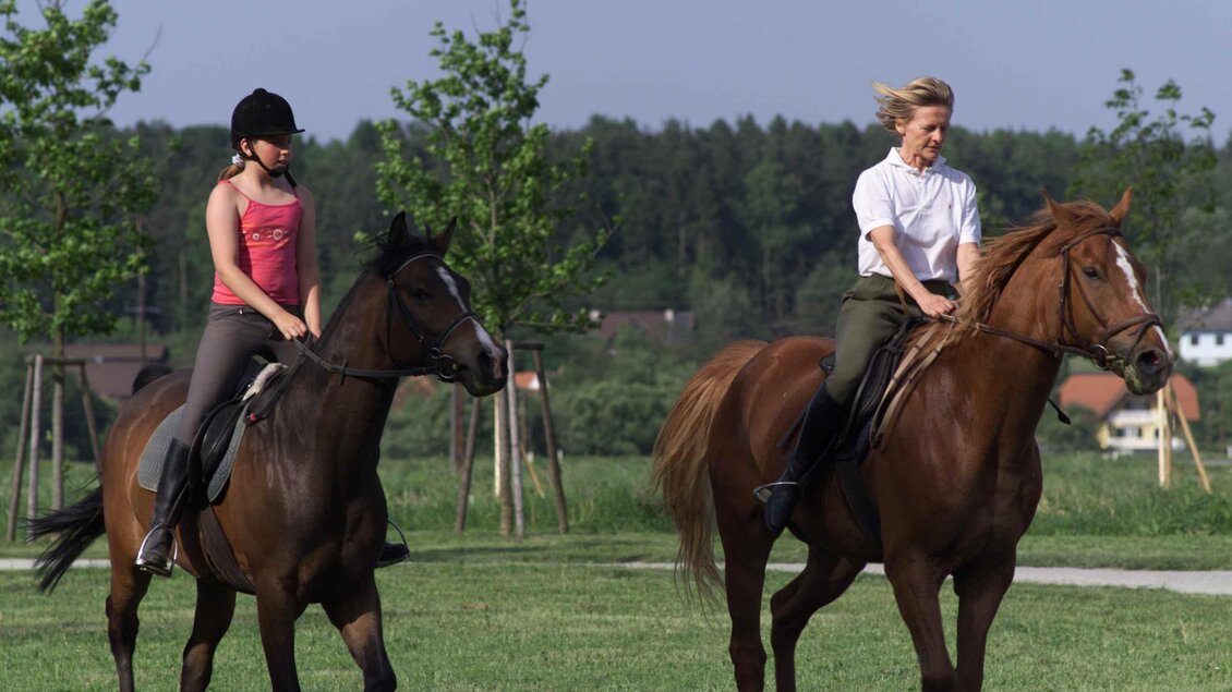 Zwei Reiterinnen genießen einen Ausritt auf ihren Pferden. Im Hintergrund sind grüne Bäume und eine weite Wiese zu sehen. | © Kurkommission Bad Blumau