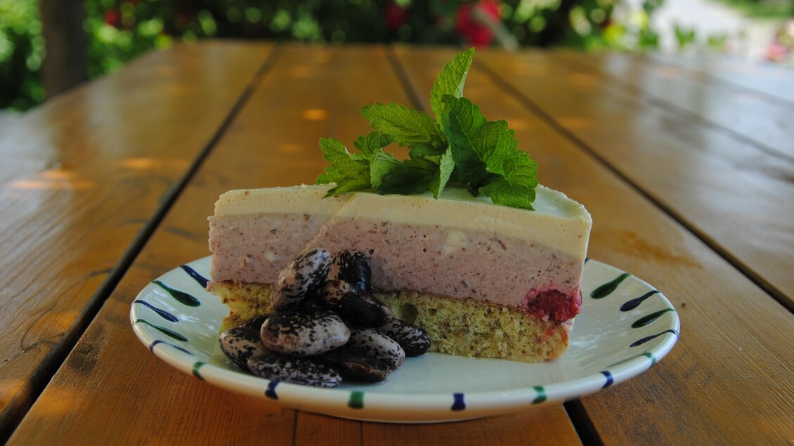 Ein Stück Schokoladenkuchen auf einem Teller mit Minzblättern und dunklen Beeren. Der Kuchen liegt auf einem Holztisch im Freien, umgeben von Pflanzen. | © Bäcksteffl