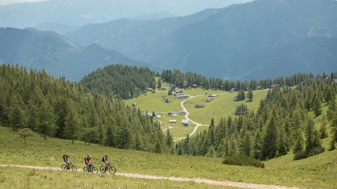 Radfahrer fahren auf einem gepflegten Pfad durch eine grüne Berglandschaft. Im Hintergrund sind sanfte Hügel und Lärchenwälder zu sehen.