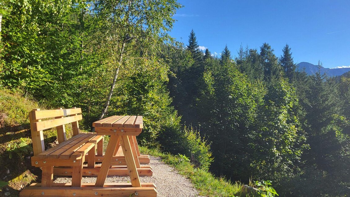 Eine Holzbank steht am Rand eines Pfades, umgeben von dichten Bäumen. Im Hintergrund sind Berge unter einem klaren blauen Himmel zu sehen. | © TVB Ausseerland Salzkammergut_Petra Kirchschlager
