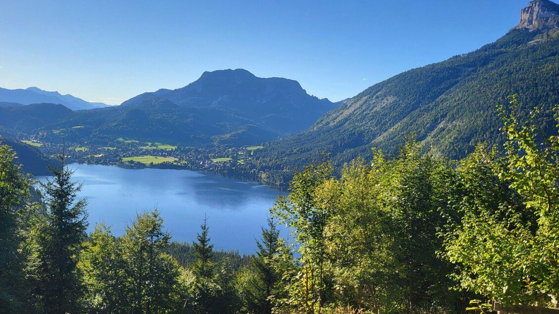 Eine malerische Landschaft mit einem klaren See und hohen Bergen im Hintergrund. Üppige Bäume umgeben den Ausblick und schaffen eine ruhige Atmosphäre. | © TVB Ausseerland Salzkammergut_Petra Kirchschlager