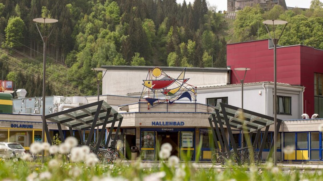 Ein modernes Gebäude mit einem bunten Kunstwerk an der Fassade. Im Vordergrund wachsen Löwenzähne auf einer grünen Wiese.