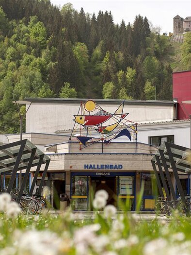 A modern building with a colorful artwork on the facade. In the foreground, dandelions are growing on a green meadow.