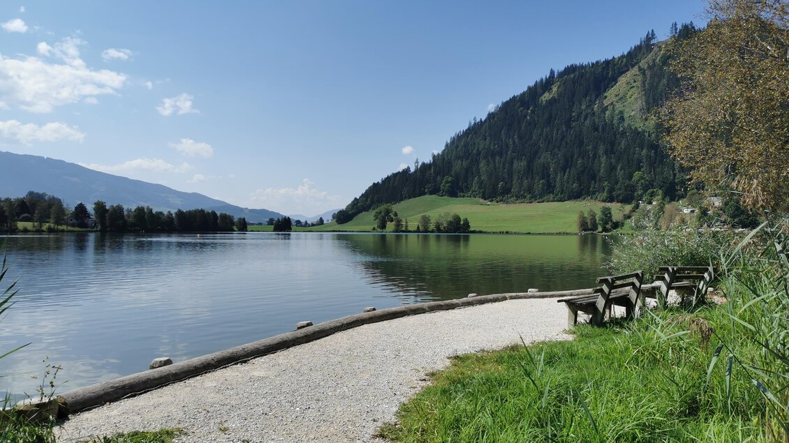 Ein ruhiger See umgeben von grünen Wiesen und sanften Hügeln. An einer Uferpromenade stehen Bänke zum Entspannen. | © Landentwicklung Steiermark