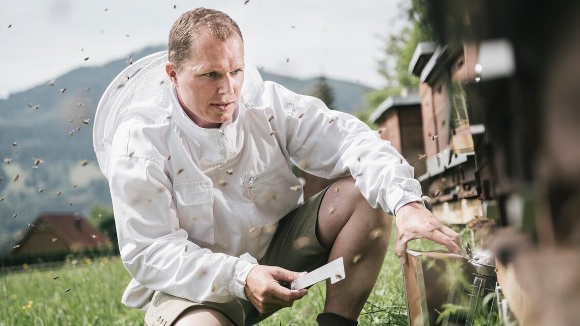 Ein Imker kümmert sich um seine Bienenstöcke in einem grünen Feld. Im Hintergrund sind sanfte Hügel sichtbar. | © Stefan Leitner