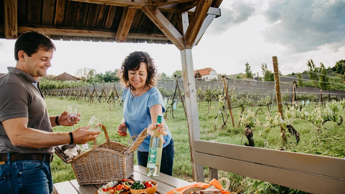 Ein Paar genießt ein Picknick unter einem überdachten Tisch im Freien. Im Hintergrund sind Weinreben zu sehen und eine schöne Landschaft. | © Mias Photoart