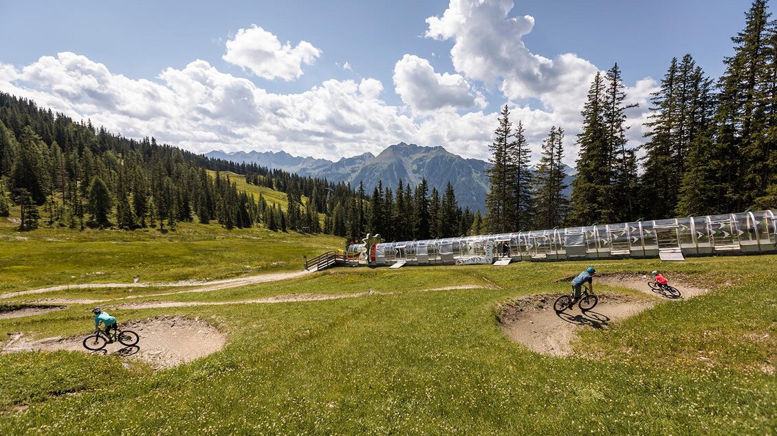 Eine grüne Wiese mit Biker-Pfaden in einer bergigen Landschaft. Im Hintergrund sind Bäume und ein blauer Himmel mit Wolken zu sehen. | © Roland Haschka