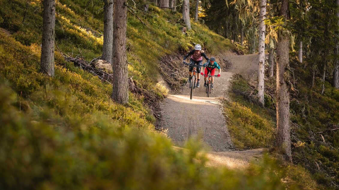 Zwei Radfahrer fahren auf einem schmalen Weg durch einen Wald. Die Umgebung ist grün und von Bäumen umgeben. | © Roland Haschka