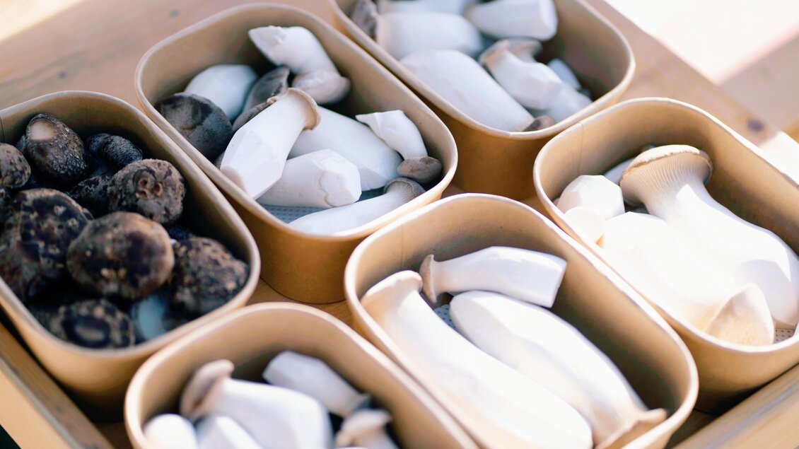 Eine Auswahl an frischen Pilzen in Schalen, darunter weiße und braune Sorten. Die Pilze sind ordentlich angeordnet und vermitteln einen appetitlichen Eindruck. | © TVB Murau