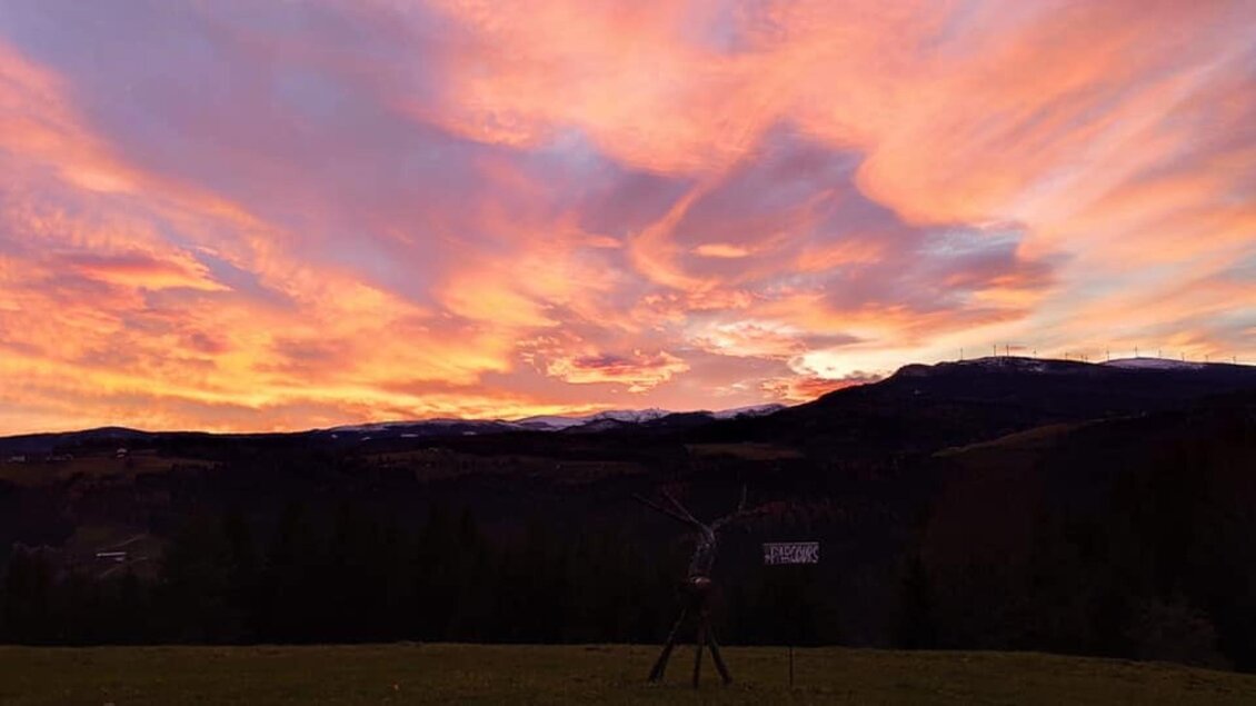Ein wunderschöner Sonnenuntergang mit leuchtenden Farben über Bergen. Die Silhouette eines Baumes ist im Vordergrund sichtbar. | © Bogenparcours Siebernegg