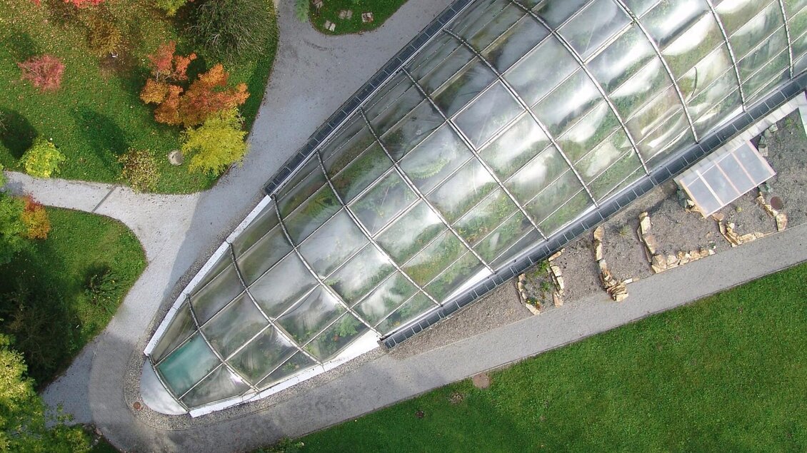 Luftaufnahme der Glashäuser im Botanischen Garten Graz, umgeben von grünen Wiesen und buntem Laub. | © Graz Tourismus-ZappCam