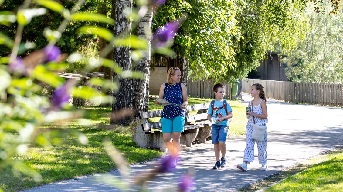 Eine Frau geht mit zwei Kindern auf einem schattigen Weg. Umgeben von Bäumen und einer schönen Landschaft genießen sie den Tag. | © TVB Murau