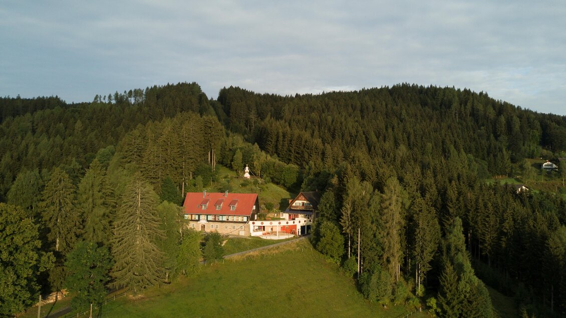 Eine malerische Landschaft mit einem kleinen Bauernhaus und umgeben von dichten Wäldern. Der Himmel ist leicht bewölkt, und die Natur wirkt ruhig und einladend. | © Dzokden