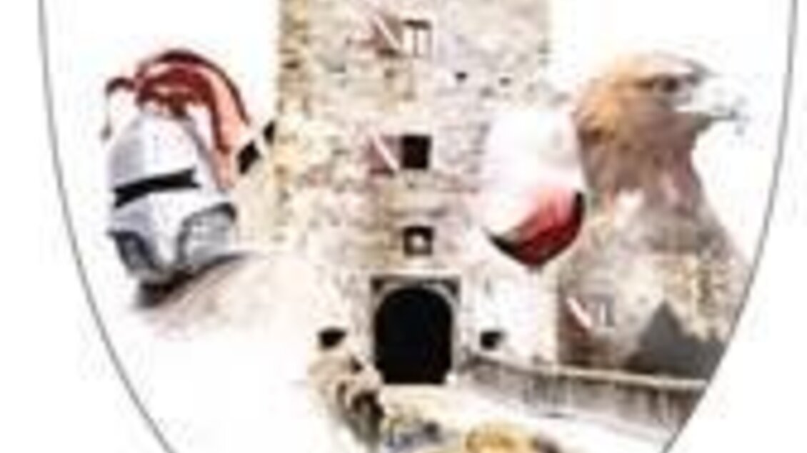 Ein Wappen mit einer mittelalterlichen Burg, einem Ritterhelm und einem Adler. Im Vordergrund sind zwei Ringe zu sehen, die Hochzeitsringe symbolisieren könnten.