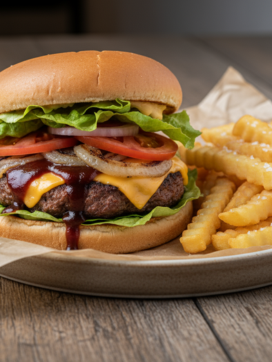 Plate with cheeseburger, topped with lettuce, tomatoes, onions, and barbecue sauce, served with French fries | © Firefly