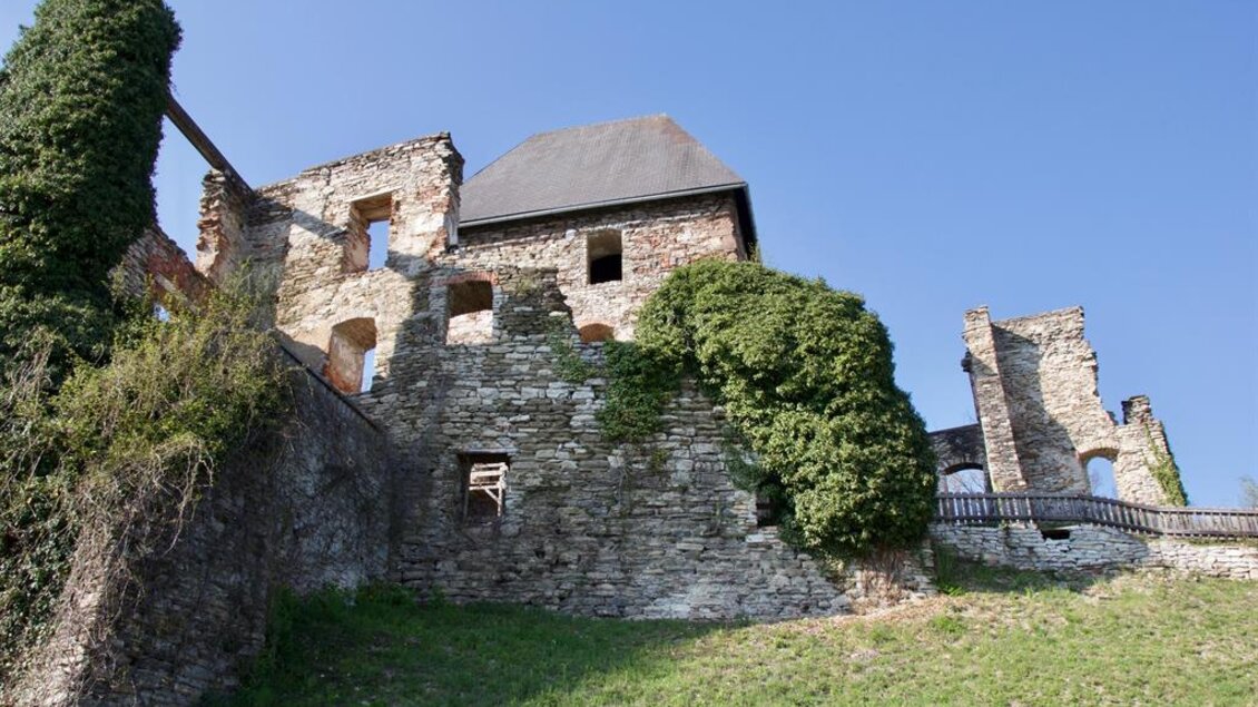Eine alte Burgruine mit überwucherten Steinmauern und einem klaren blauen Himmel. Die Ruine steht auf einem Hügel und wird von Gras umgeben. | © TVB Ligist