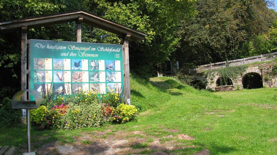 Ein Wegweiser steht vor einem grünen Wiesenbereich mit Blumen. Im Hintergrund ist eine Brücke und Bäume zu sehen. | © Sven Raters