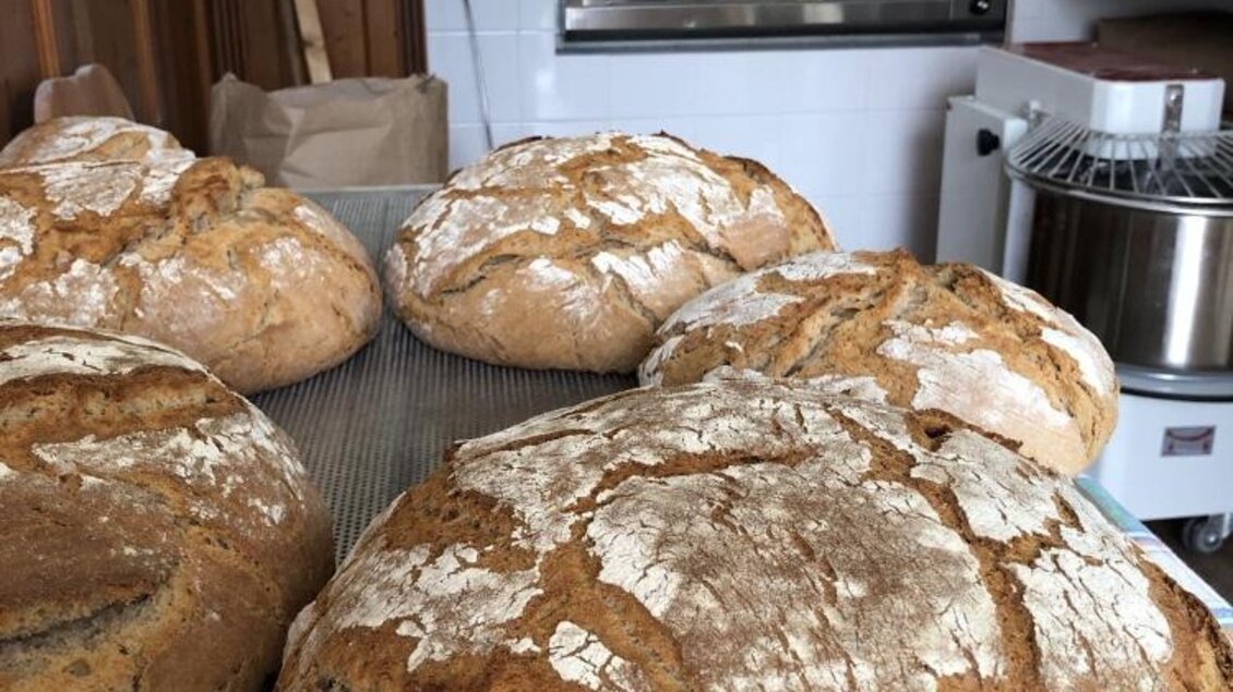 Frisches, knuspriges Brot liegt auf einem Blech. Im Hintergrund sind zwei Backöfen zu sehen. | © Weingut Kleinschuster