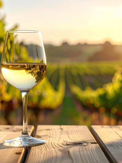 White wine glass on wooden table in front of grapevines at sunset | © Firefly - Benedikt Trummer