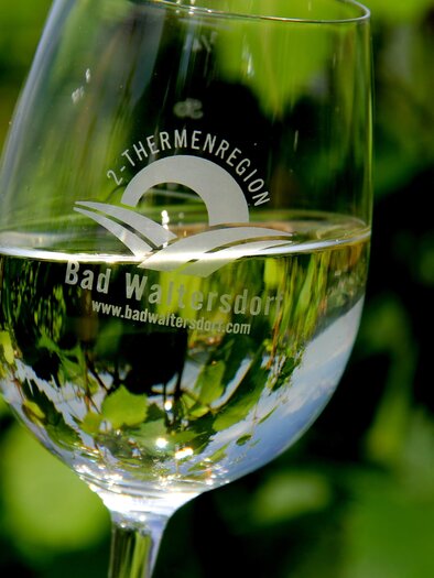 A glass of white wine in front of a green background. The wine reflects the surroundings.