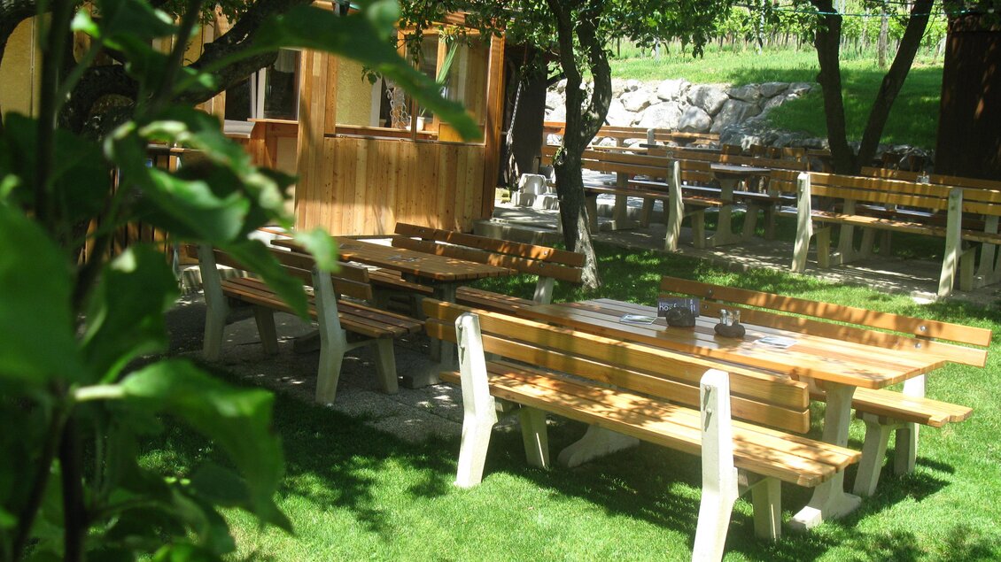 Ein gemütlicher Außenbereich mit Holztischen und Bänken, umgeben von Bäumen. Der Rasen ist grün und gepflegt, ideal für gesellige Zusammenkünfte.