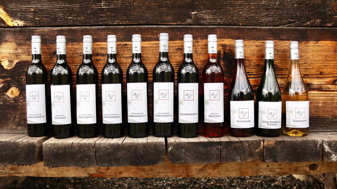 Eine Reihe von zwölf Weinflaschen in verschiedenen Farben steht auf einer Holzbank. Die Flaschen haben ein einfaches Etikett und sind ordentlich angeordnet. | © Brigitte Maier | Klapotetzhof Silberschneider