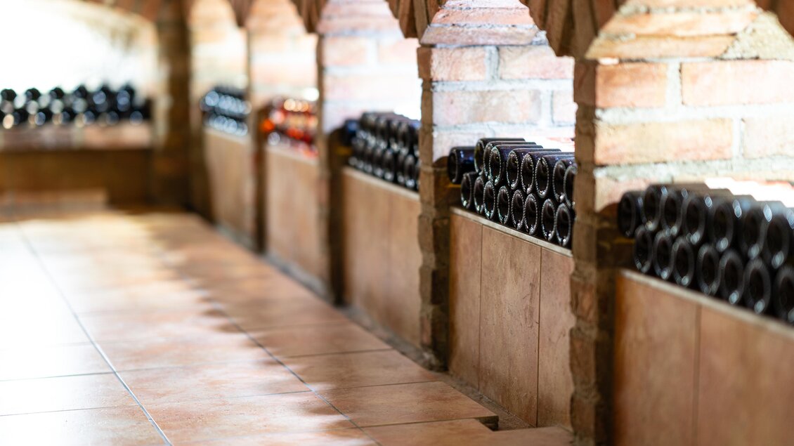 Ein Weinkeller mit Regalen, die sorgfältig mit Weinflaschen gefüllt sind. Die warme Beleuchtung und die Backsteinwände schaffen eine einladende Atmosphäre. | © Alois Stingl | Klapotetzhof Silberschneider