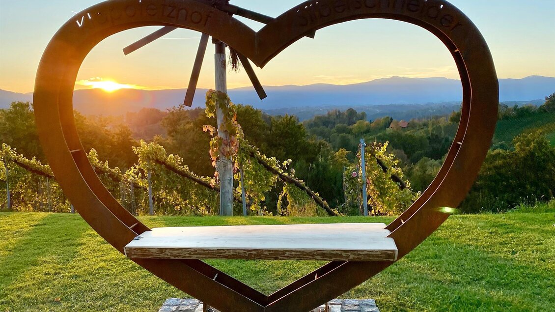 Eine herzförmige Bank steht auf einer Wiese mit Weinreben im Hintergrund. Die Sonne geht unter und taucht die Landschaft in warmes Licht.
