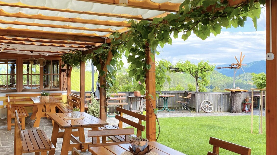 Eine einladende Terrasse mit Holztischen und -bänken, umgeben von grünen Pflanzen. Der Himmel ist teilweise bewölkt und die Atmosphäre ist gemütlich.