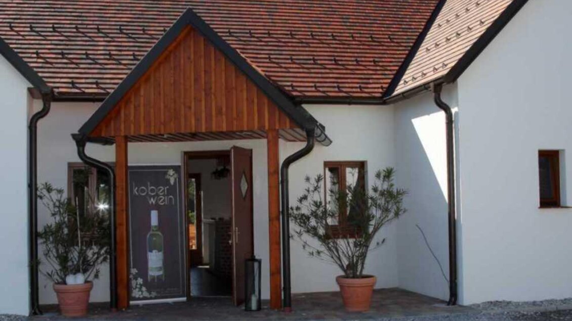 Ein modernes Gebäude mit einem Holzdach und weißen Wänden. Vor dem Eingang stehen Blumentöpfe mit Pflanzen. | © Familie Kober