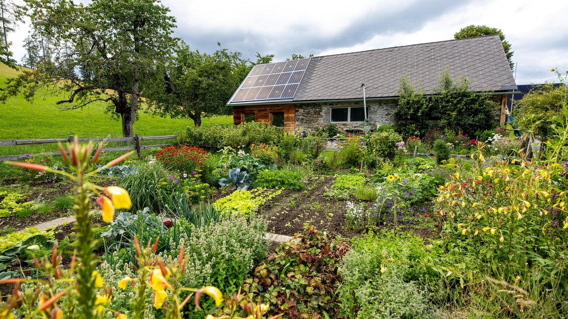 Ein schöner Garten mit bunten Blumen und Gemüsebeeten. Im Hintergrund steht ein gemütliches Haus mit Solarpanelen. | © TV Murau
