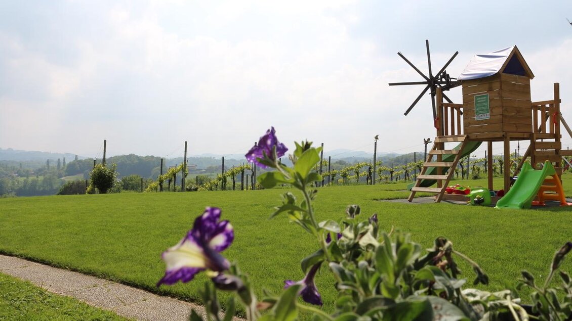 Ein Spielplatz mit einem Holzhaus und Rutsche steht auf einer Wiese. Im Hintergrund sind Weinreben und eine hügelige Landschaft zu sehen. | © Weingut & Buschenschank Zweytick | Fam. Zweytick