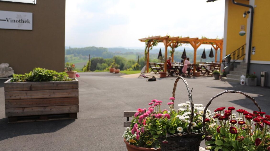 Ein gemütlicher Außenbereich mit blühenden Pflanzen und einem Holzpavillon. Im Hintergrund sind grüne Hügel und eine entspannte Atmosphäre sichtbar. | © Weingut & Buschenschank Zweytick | Fam. Zweytick