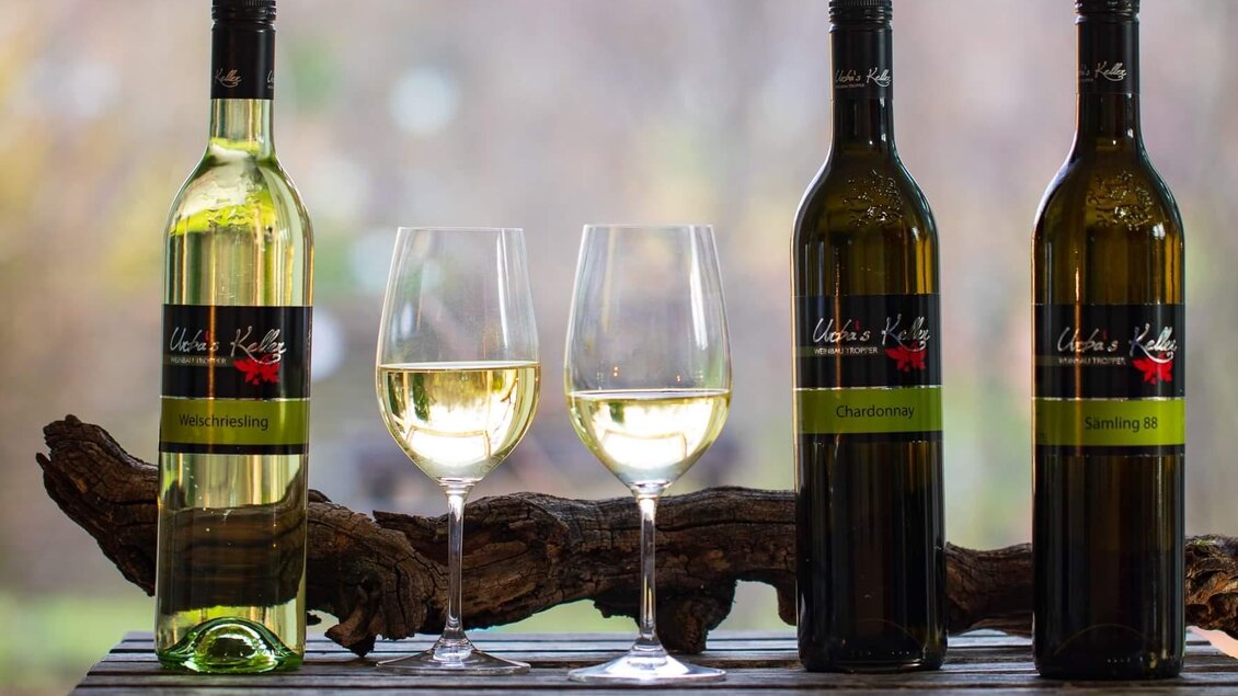 Drei Flaschen Weißwein stehen neben zwei Gläsern mit gefülltem Wein. Im Hintergrund ist eine natürliche, unscharfe Umgebung zu sehen. | © glaMur