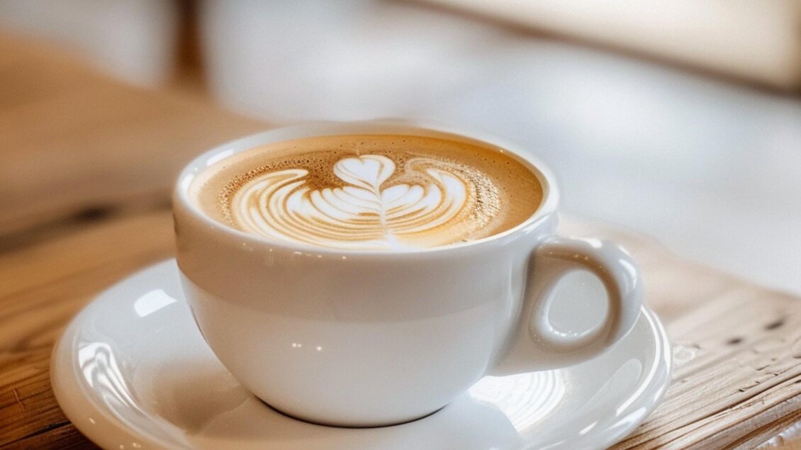 Cappuccino mit Latte-Art-Herz auf Holztisch, serviert in einem Café | © Midjourney - Benedikt Trummer