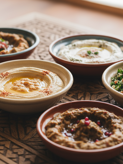 Various oriental appetizers such as hummus, baba ghanoush, and tabbouleh arranged in bowls on a wooden table. | © Firefly - Benedikt Trummer