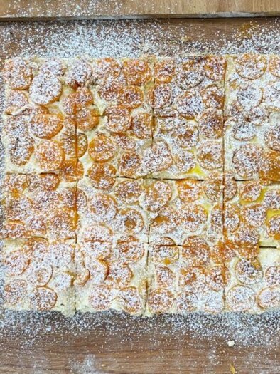 A freshly baked dessert, cut into square pieces. It is dusted with powdered sugar and contains orange fruit pieces. | © Bäckerei-Konditorei Hubmann Josef GmbH