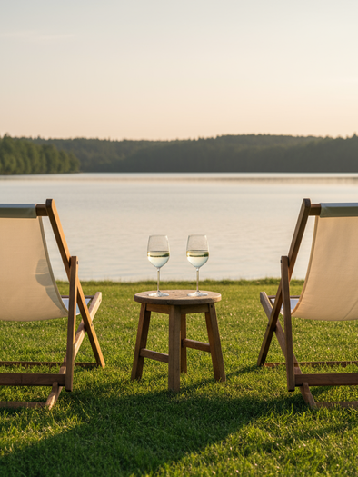 Zwei Liegestühle am Seeufer mit kleinem Tisch und zwei Gläsern Wein im warmen Abendlicht. | © Firefly