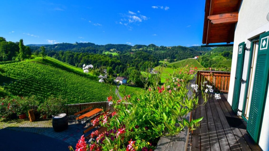 Ein schöner Balkon mit Blumen und Blick auf grüne Hügel. Der klare Himmel vervollständigt die idyllische Landschaft. | © Daniel Kocher | Der Hermannhof