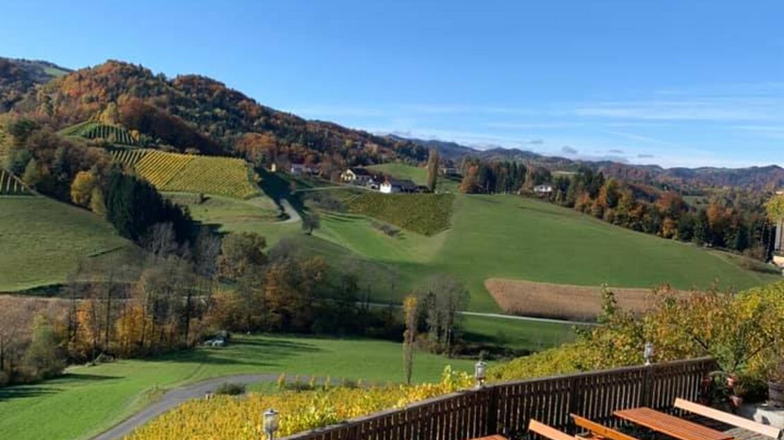 Eine herrliche Landschaft mit sanften Hügeln und buntem Herbstlaub. Im Vordergrund stehen Holztische und -bänke auf einer Terrasse. | © Fam. Hernach | Der Hermannhof