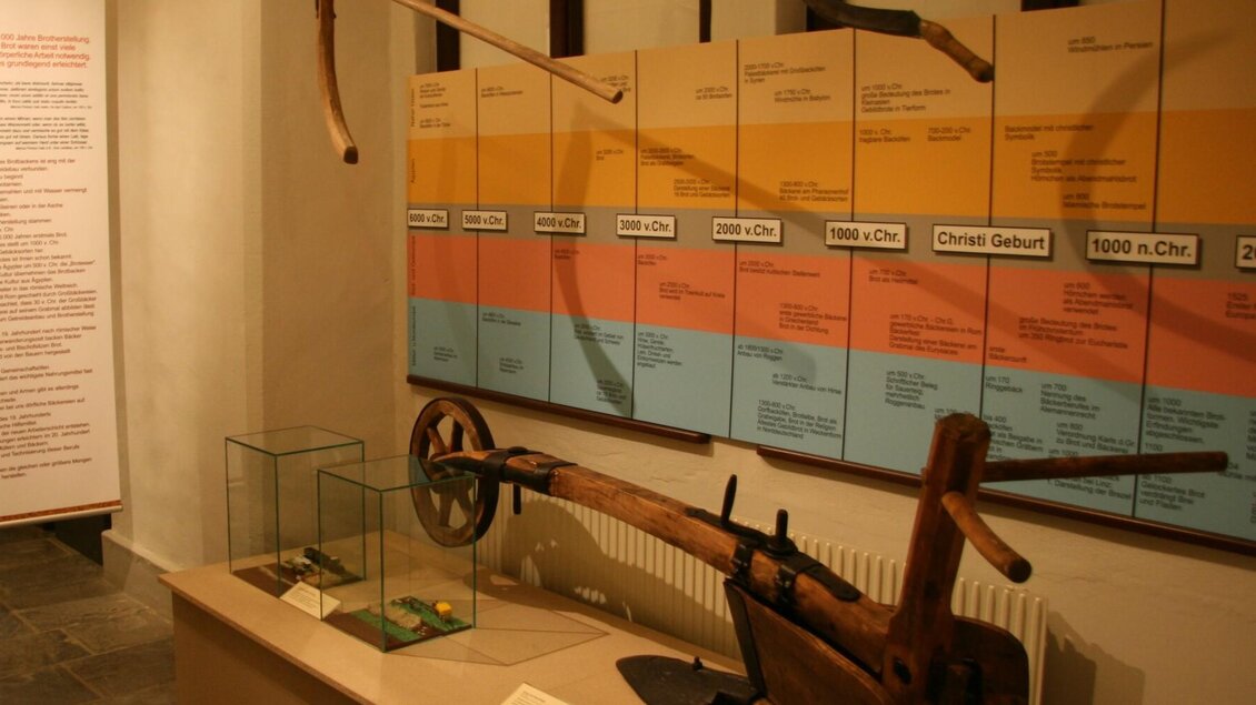 Zeitleiste zur Geschichte des Brotes mit Ackergeräten und Infotafeln im Museum | © Diözesanmuseum Graz