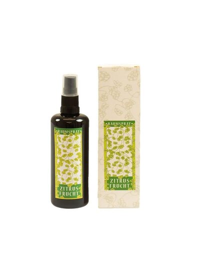 Ein brauner Sprühflasche mit der Beschriftung "Zitrusfrucht" und einem eleganten Verpackungsdesign. Das Produkt scheint ein Raumspray zu sein, das einen frischen Duft verspricht.