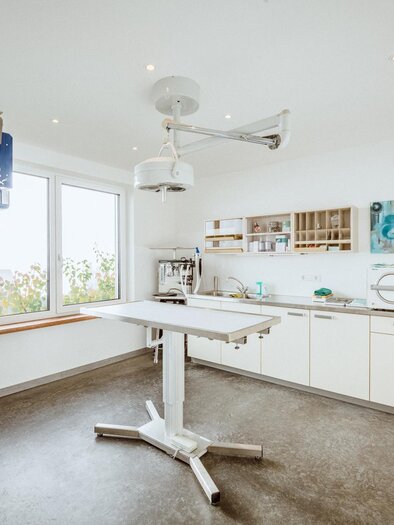 Ein gut ausgestatteter Behandlungsraum mit einem Operationstisch und modernen medizinischen Geräten. Die Wände sind hell und freundlich, mit großen Fenstern, die viel Licht hereinlassen. | © Christoph Huber