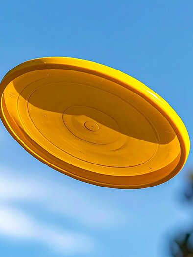 Flying yellow Frisbee against a blue sky, captured in flight | © Firefly - Benedikt Trummer