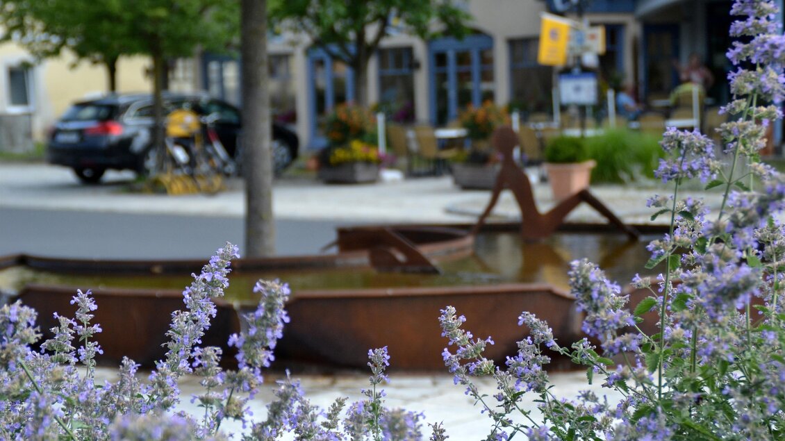 Eine malerische Gartenszene mit lila Blumen im Vordergrund und großen, rustikalen Wasserbehältern im Hintergrund. Im Hintergrund sind Bäume und ein Gebäude mit Fenstern zu sehen. | © Kurkommission Bad Blumau
